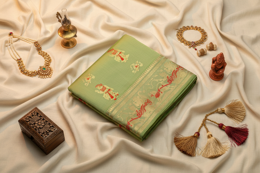 Buy Swarnachari Pure Silk Saree online – Front view showcasing golden zari motifs