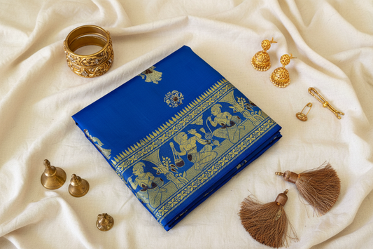 Buy Luxury Baluchari Pure Silk Saree – Full-length view in luminous mulberry silk