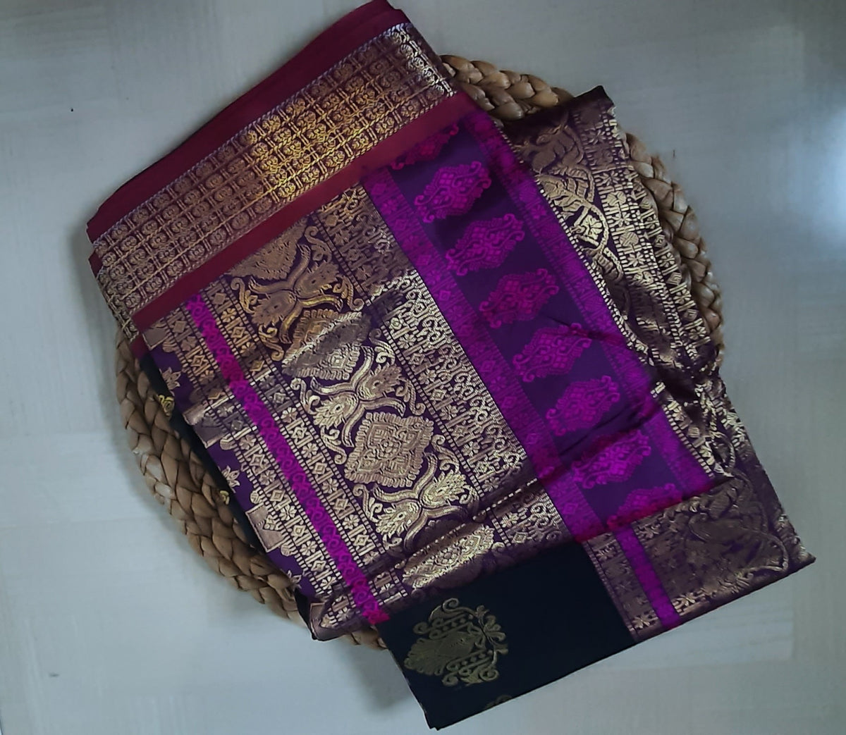 Side view of Soft Semi Silk Saree displaying graceful fall and elegant texture.